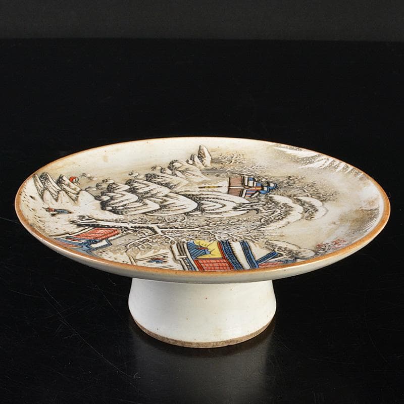 中国　大清光緒年製　粉彩山水文　高足盤　N　R6782E