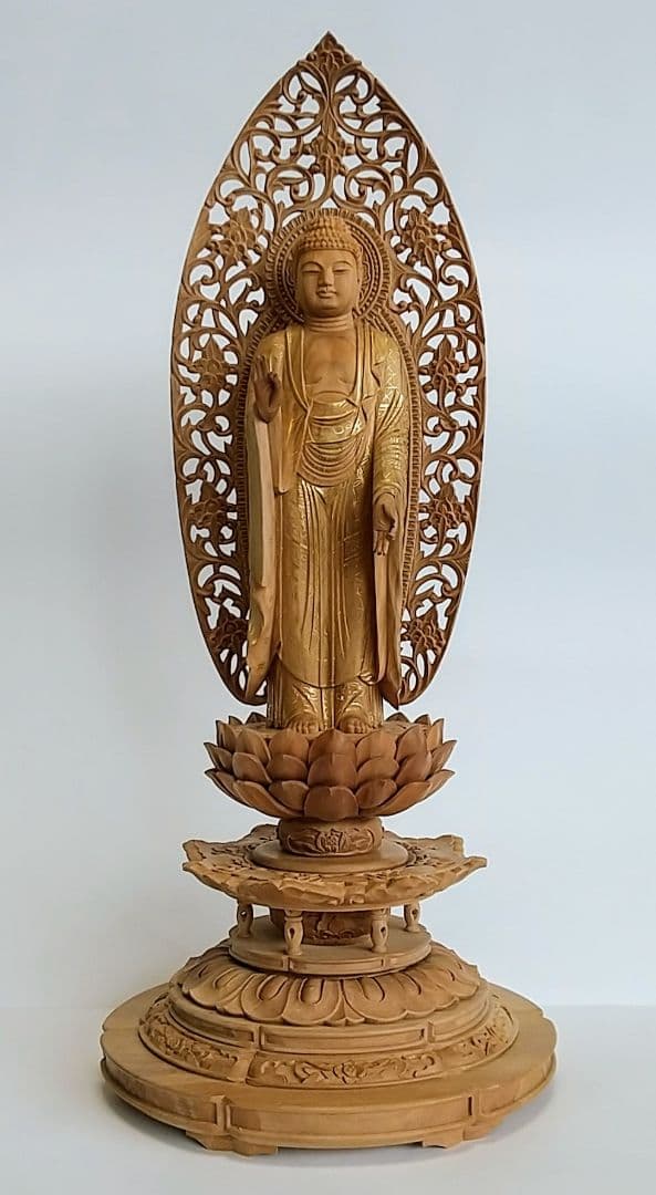 阿弥陀如来立像 5寸 #659+#557 円台座 宝相華唐草 ◆白檀 木彫 仏像