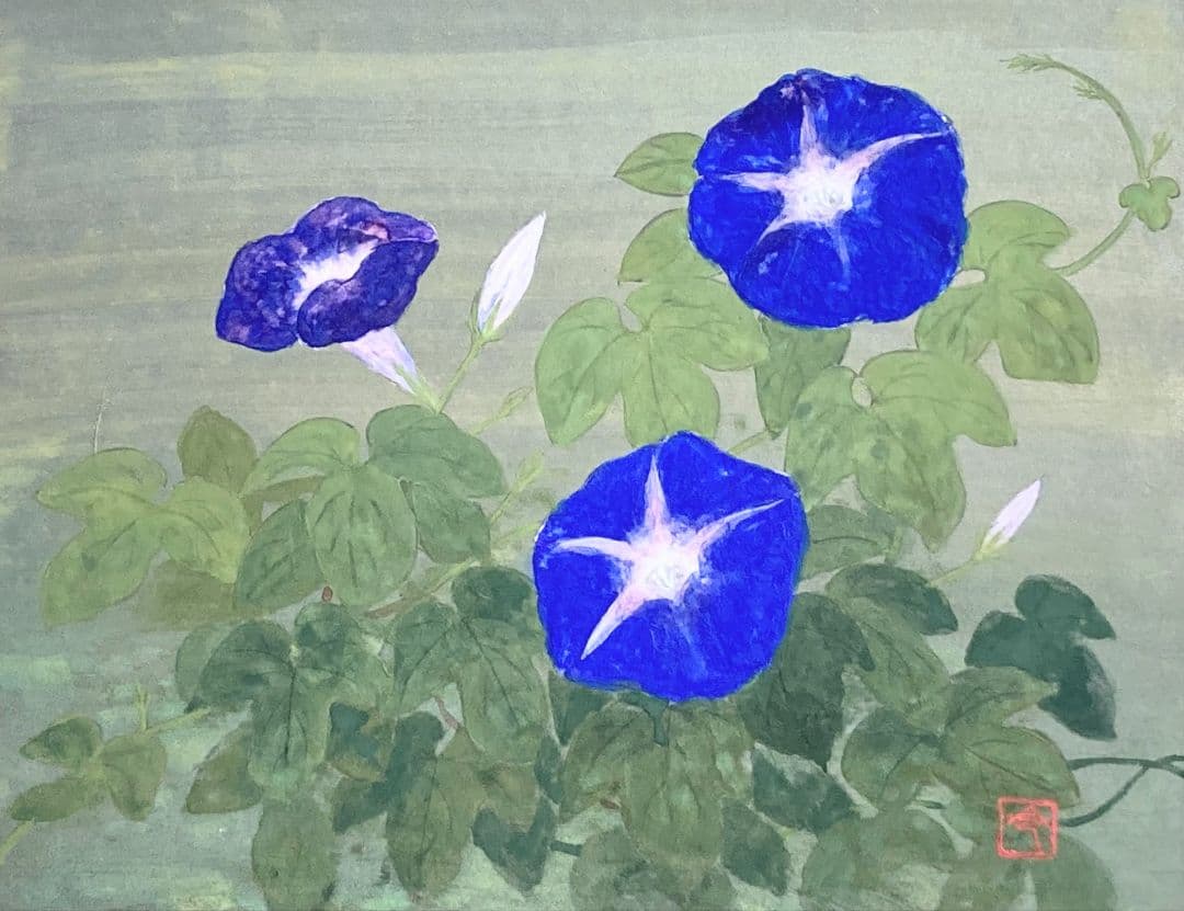 作者不詳「あさがお」額装6号 ●岩彩作品 落款 鮮やかな朝顔の図です●