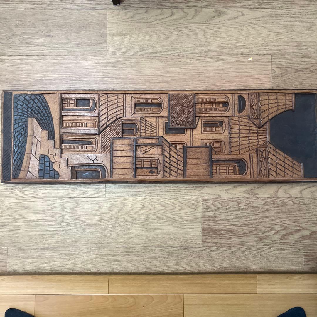 木製農業シーン浮彫りレリーフ 約８０cm 他に１枚