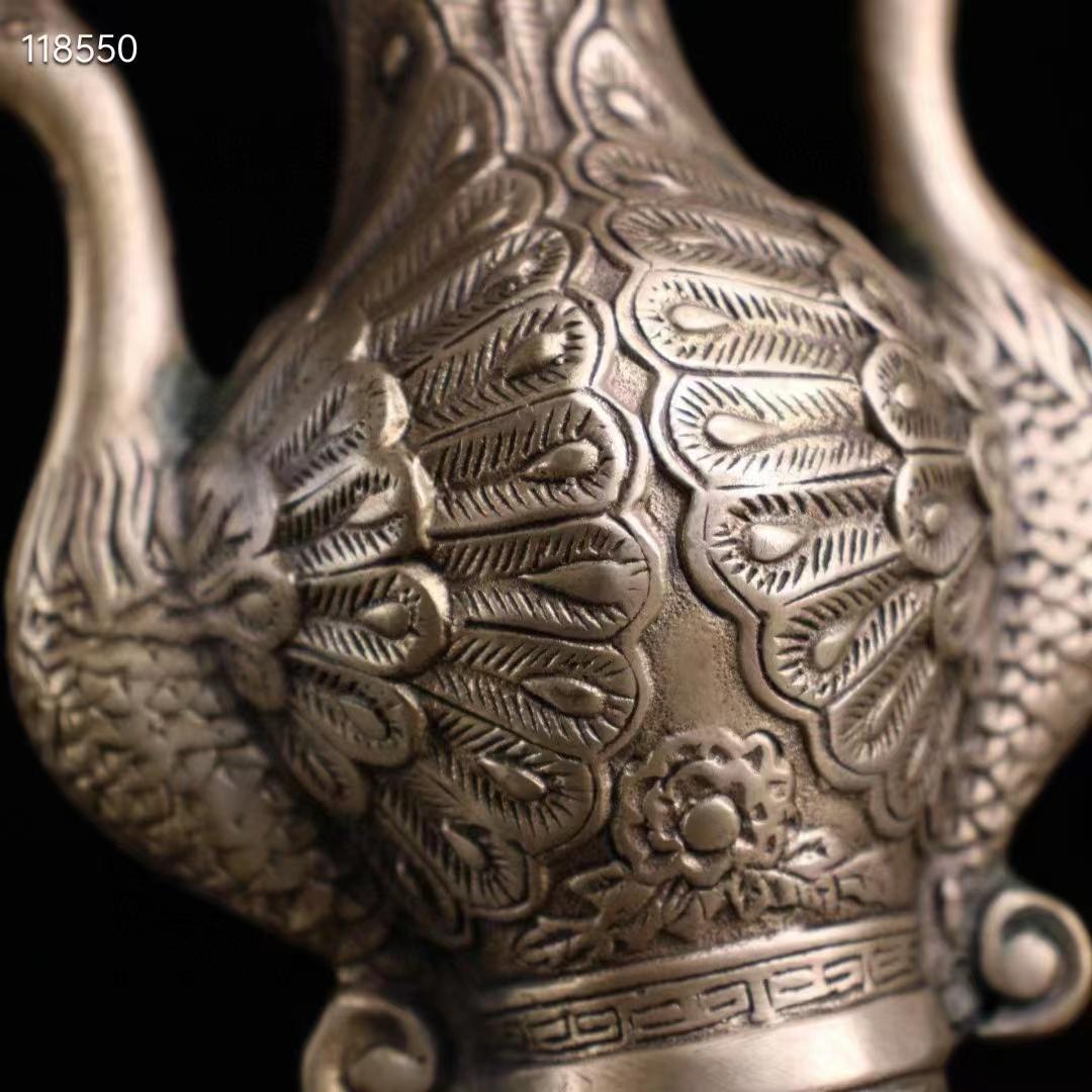 中国古美術・旧蔵・純銅鎏銀鳳凰の花瓶・極細工・置物・純手彫り・文房具・賞物