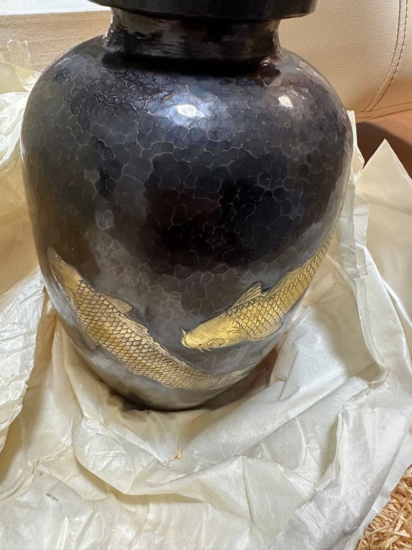 広島特産 銅虫花瓶 魚の装飾　明宝造