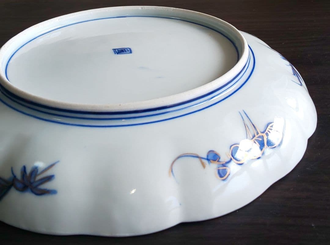 古伊万里 人物鳥山水風景図 輪花中皿 裏角福 表月弓 ５枚セット