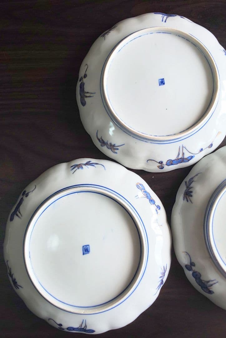 古伊万里 人物鳥山水風景図 輪花中皿 裏角福 表月弓 ５枚セット