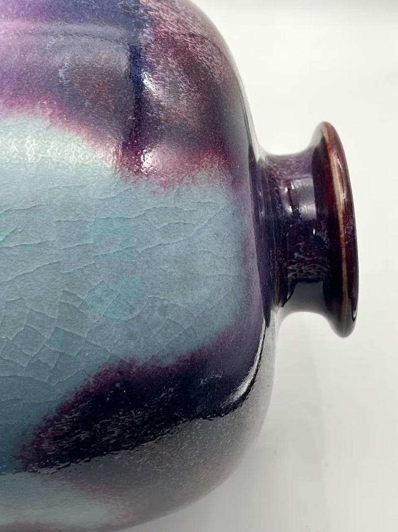 鈞窯　天青釉紫斑瓶　窯変釉　辰砂　花入　花瓶　茶道具 唐物(B-106)