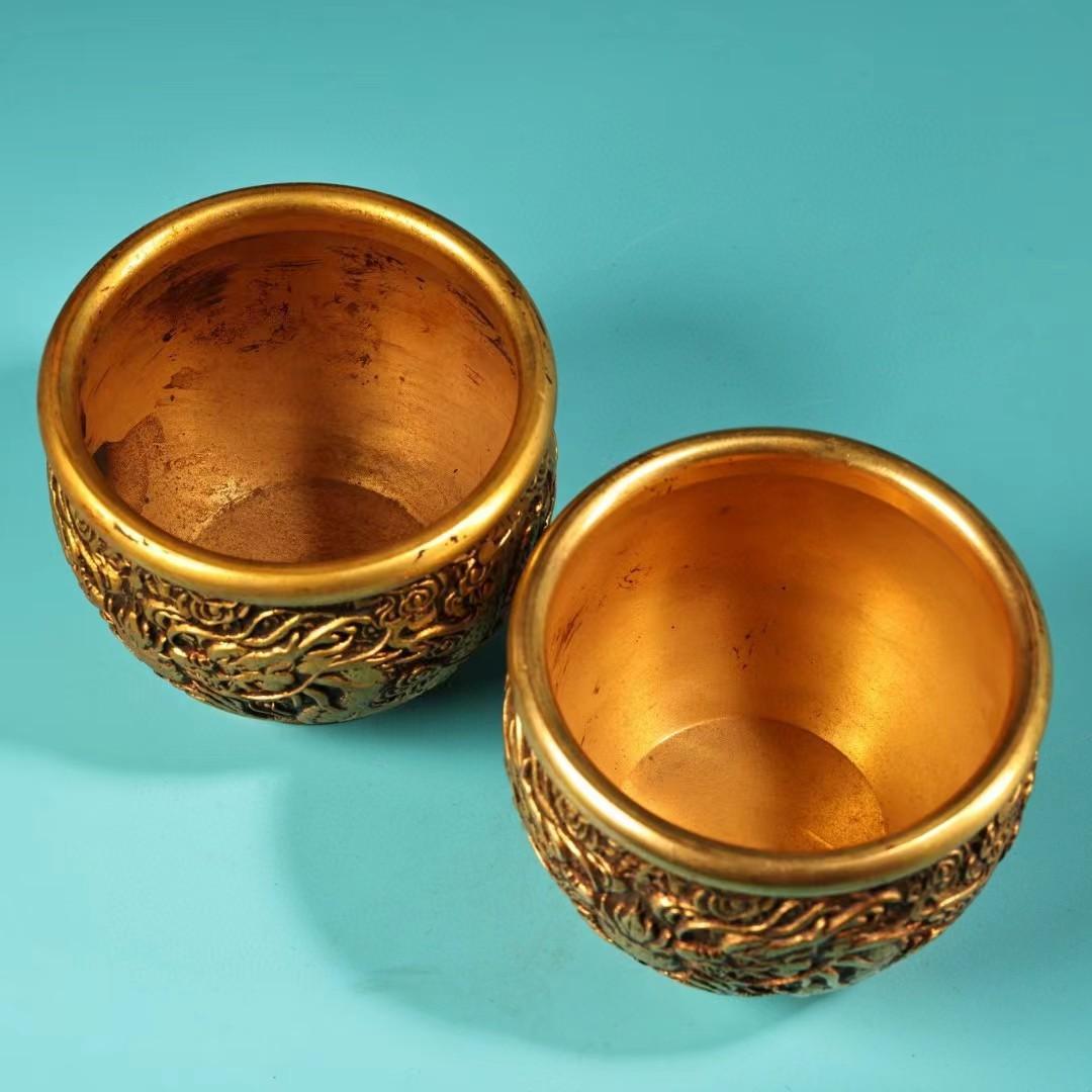 中国古美術・旧蔵二龍戯珠の缶セット・鏨刻鎏金・純銅製・高浮彫・置物・茶道具・酒具