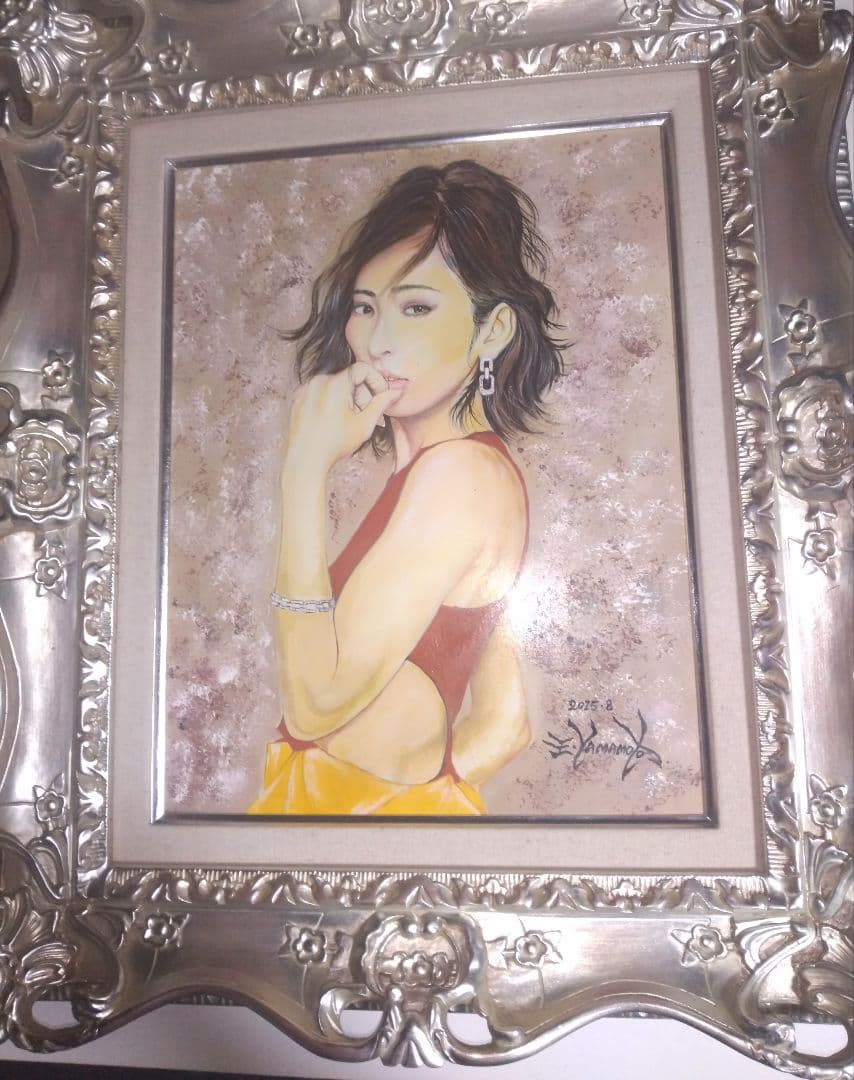 絵画、美人画、油彩6F、山本英二、瞳の先M真作、肉筆高級額縁、高塚省吾、森本草介