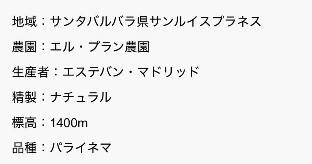 【コーヒー生豆】ホンジュラス　エル・プラン　パライネマ　ナチュラル　３.７ｋｇ