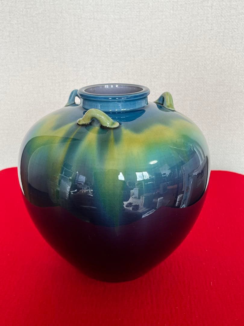 人間国宝 三代 徳田八十吉（正彦銘）耳付壺 高さ約19.5cm T166 共箱付