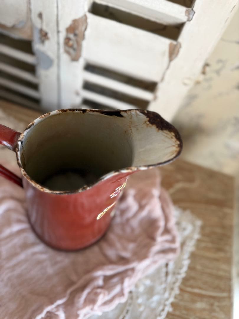 フランスアンティークブラウン小鳥と草花のハンドペイントのホーロージャグピッチャー