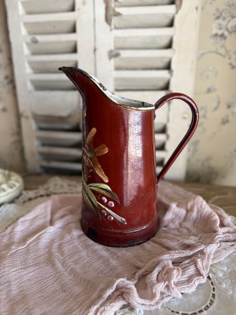 フランスアンティークブラウン小鳥と草花のハンドペイントのホーロージャグピッチャー