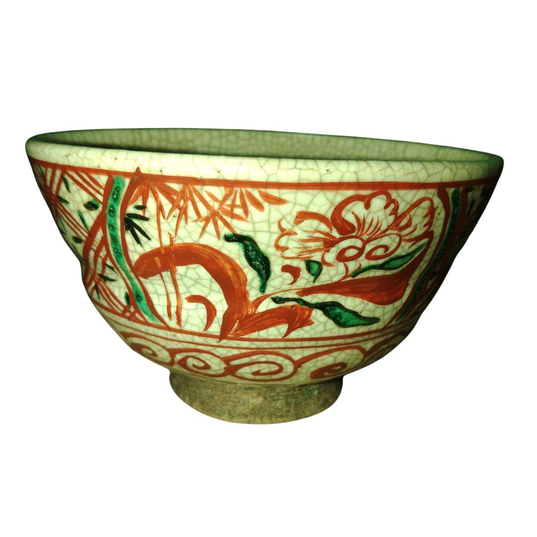 青木木米　呉州赤絵草花文茶碗　時代古作　切欠高台　木箱付