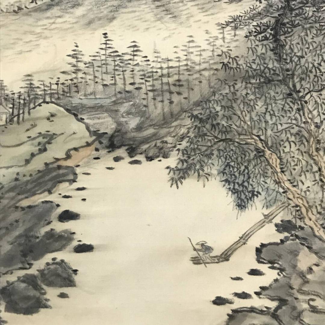 【真作】鳥雪居半人/山水筏下り図/山水図/横物/掛軸/名家伝来/AB-762