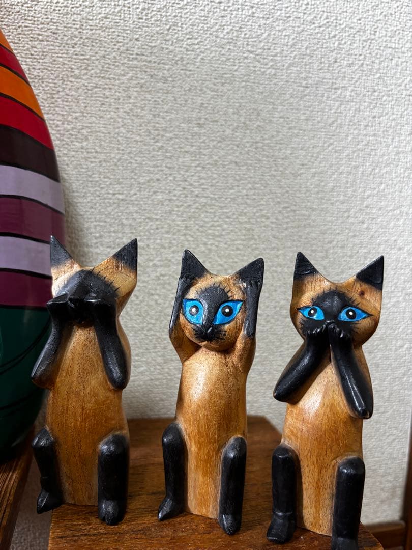 木彫り猫 置物 6体セット アジア雑貨