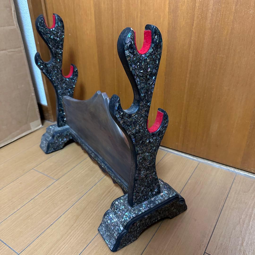 時代物 木製 螺鈿細工 富士山 刀掛け 3本掛 高さ約40.5cm 螺鈿細工