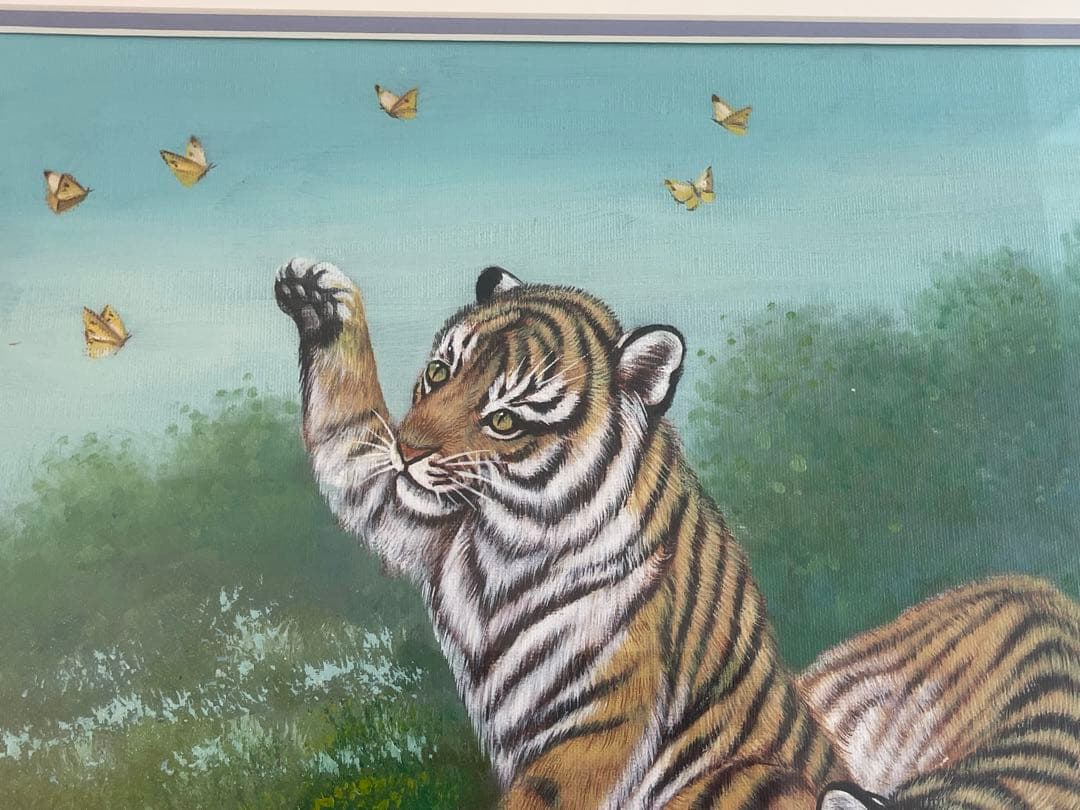 【開運絵画】「水辺の虎と蝶」の油彩画　超絶技巧　L.Chen