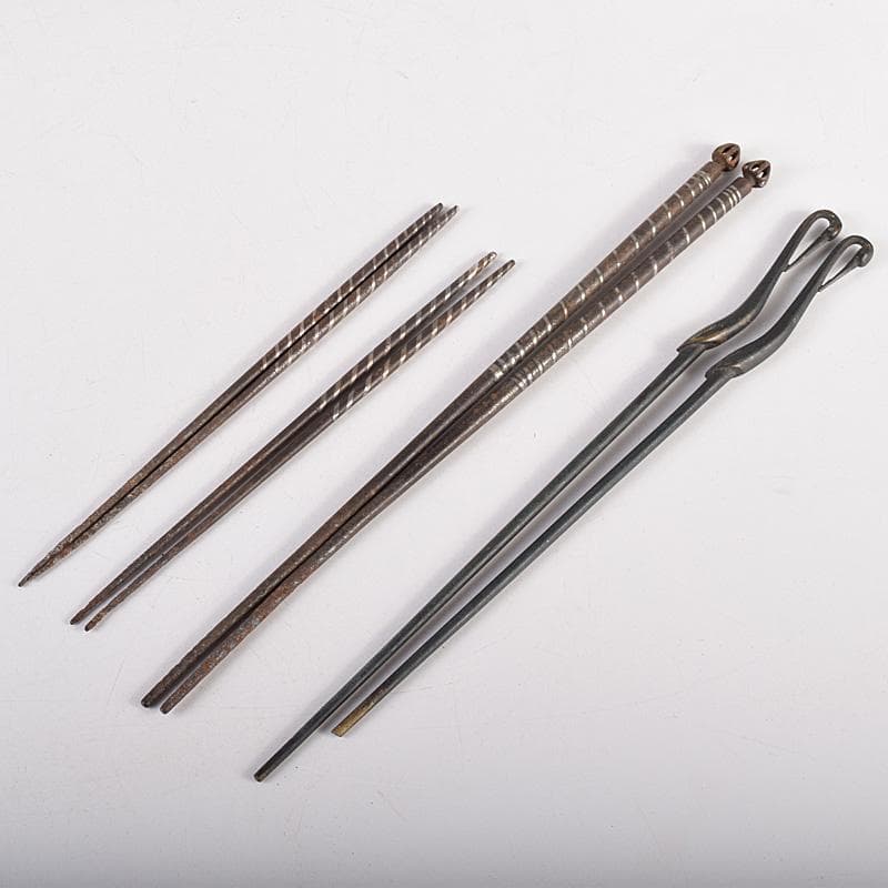 茶道具　古銅　鶴頭火箸　古鉄　銀象嵌宝珠頭火箸など　三種四組　M　R8488