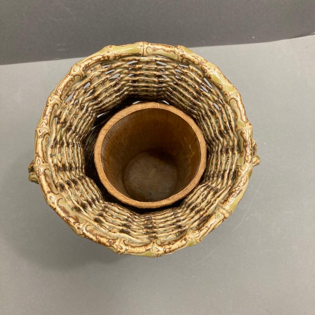 骨董品　華道道具　陶器　籠花入(そっくり)、ふこ山人　造　共箱　S1031KH