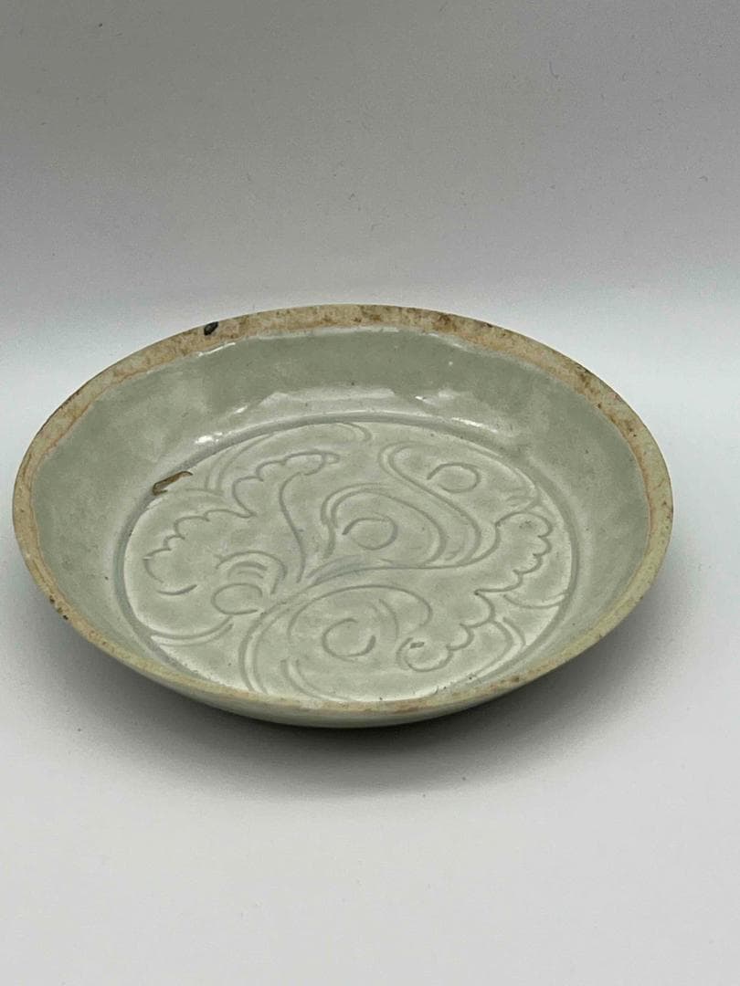 北宋時代 湖田窯 青磁刻花鳳尾花文房洗 覆燒 覆輪口 影青 古皿唐物(F-90)