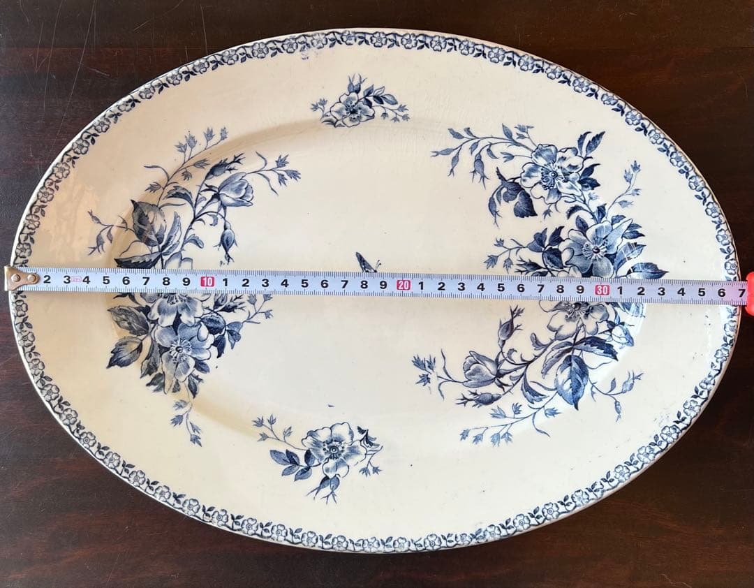 アンティーク ジアン Gien「MAI」オーバル皿 青絵・花と蝶