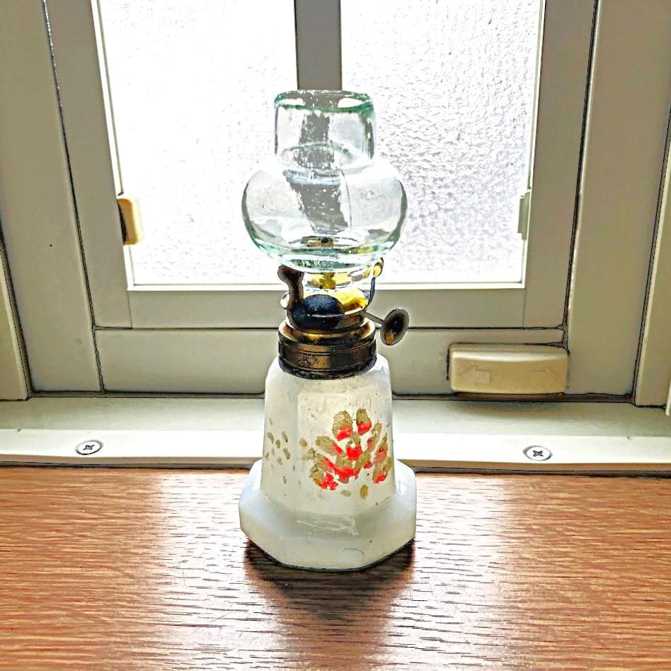 明治～大正 豆ランプ 花模様 乳白/エナメル彩 ウランガラス 検索: ペロペロ