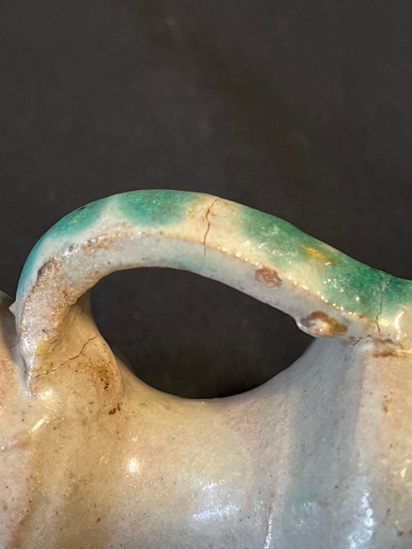 レア！スペイン、グラナダ焼のビネガー入れ。アラブの影響の緑釉がいい 19C推定。