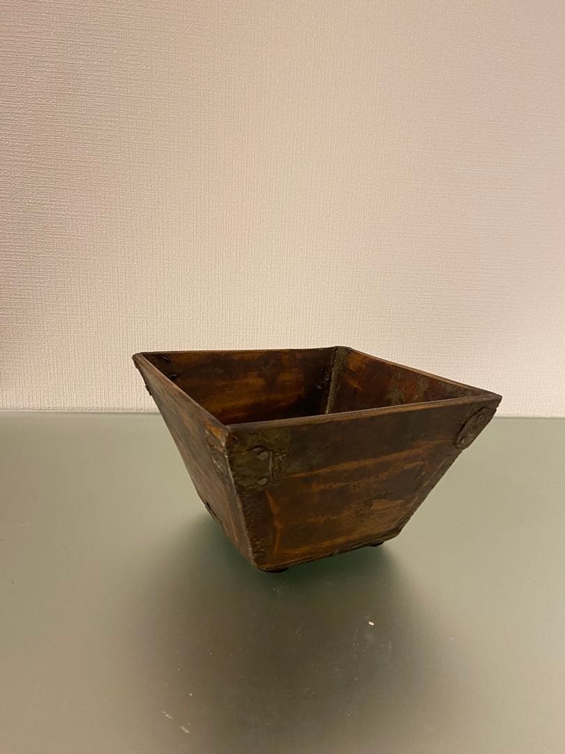 中国 古木製四角器 金属角付 湖心亭取扱 古民具