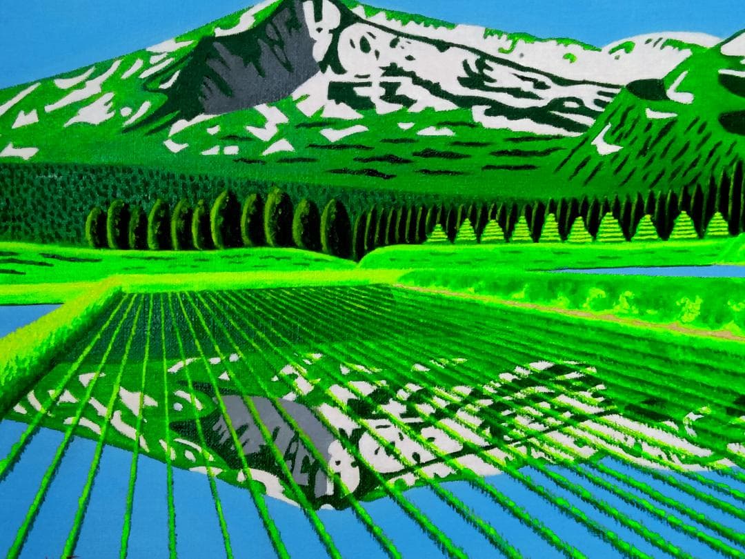 ★鳥海山と水田・肉筆油彩画・F6キャンバス