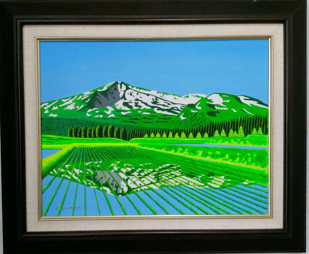 ★鳥海山と水田・肉筆油彩画・F6キャンバス