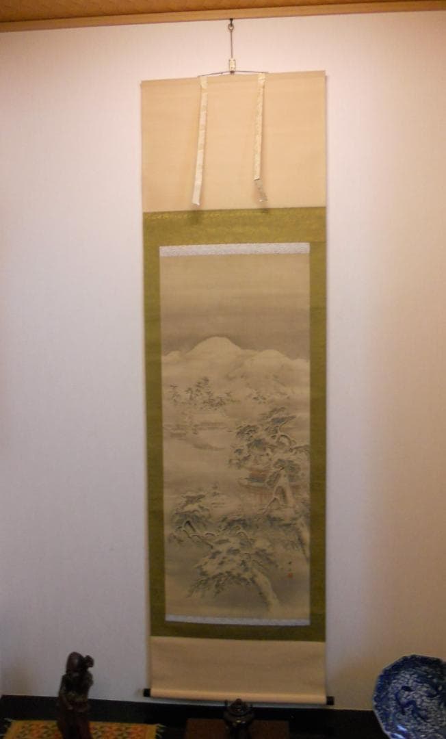 掛け軸 中居曠谷 平等院雪景 絹本 希少 軸装 茶道具 掛軸 美品 です。