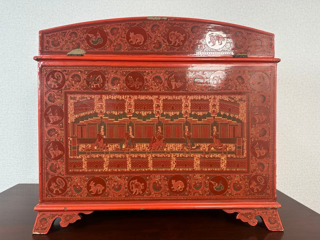 ミャンマー アンティーク 漆器 蒟醤 細密画 収納箱 引き出し 5段 ※31※