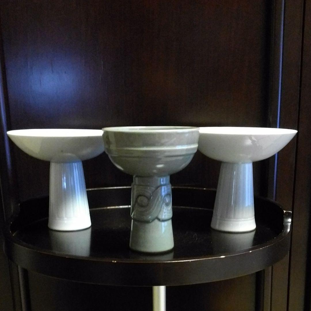 小森忍　文彬亭造　高台皿一対、青磁高台皿