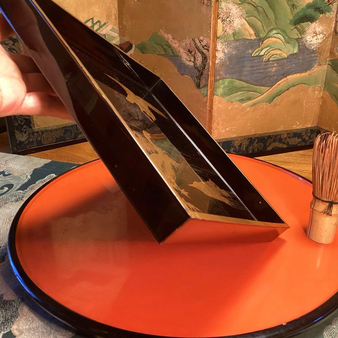 A1020木製輪島塗　水辺に雁　金蒔絵盆　金縁　蒔絵　菓子盆　香盆