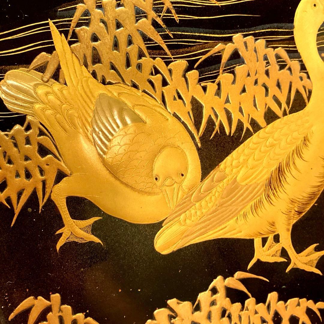 A1020木製輪島塗　水辺に雁　金蒔絵盆　金縁　蒔絵　菓子盆　香盆