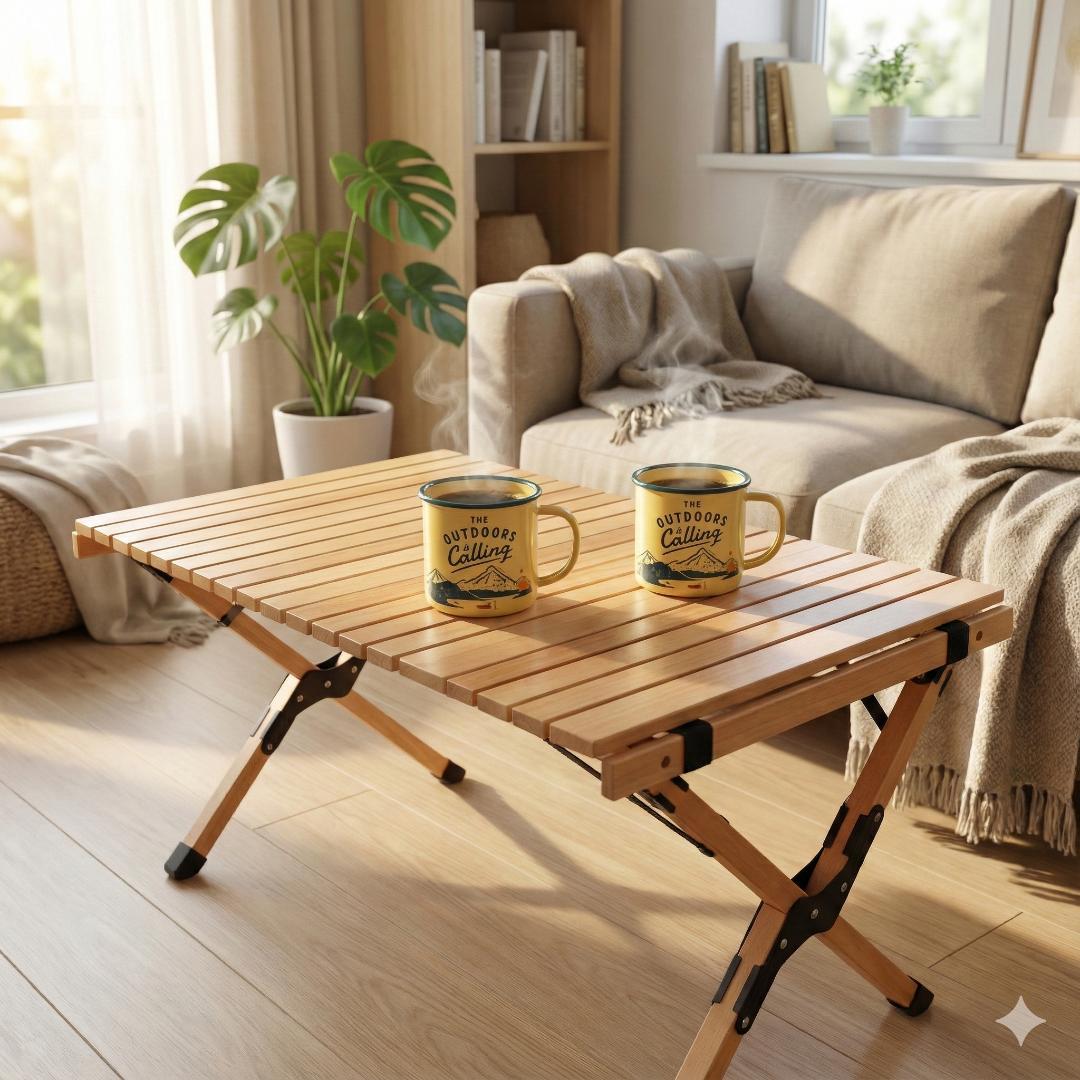 【室内使用美品】ハイランダー ウッドロールトップテーブル90 & ペアマグ特典付