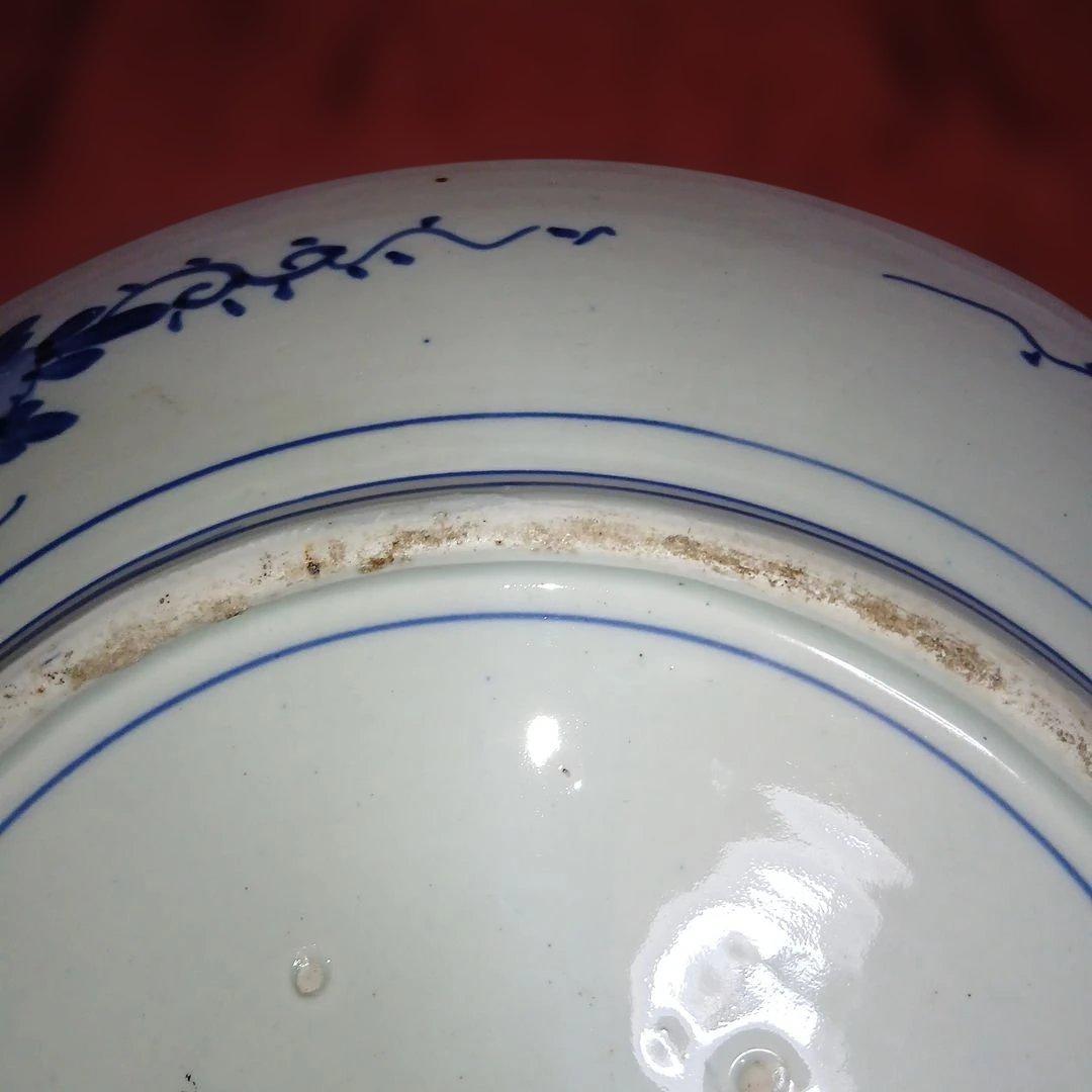 レトロヴィンテージ大皿、サイズ46センチ青い花と鳥の陶器プレート