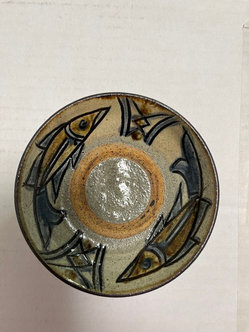陶器皿　壺屋焼　双魚文四寸皿　 人間国宝　金城次郎　作