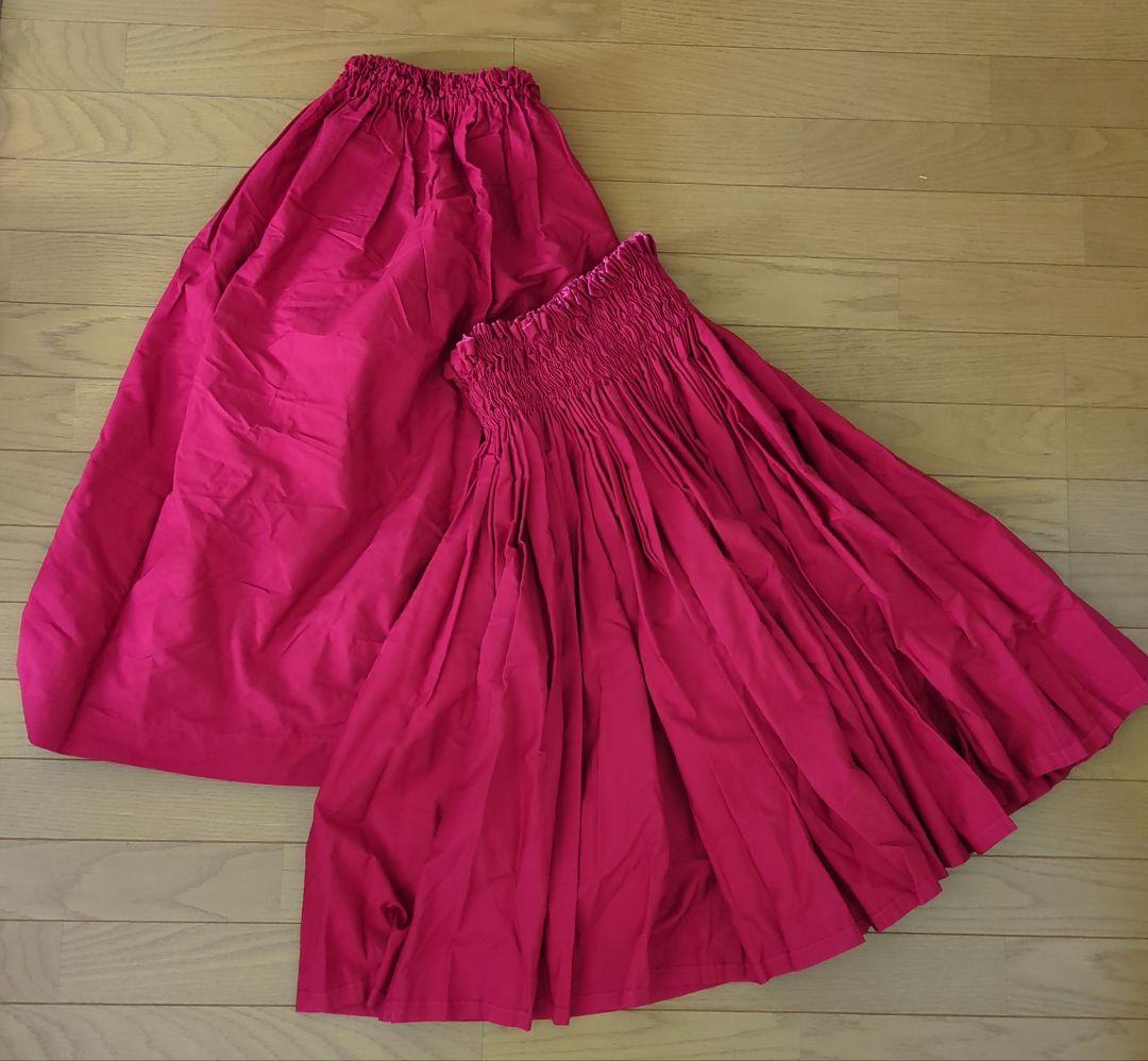 ハワイアンフラダンスリバーシブル赤ピンクハイビスカス柄トップススカート4点セット