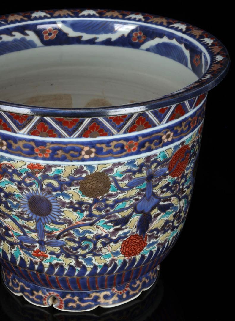 【古伊万里】色絵金彩大鉢 菊牡丹文様 植木鉢 蘭鉢 盆栽鉢 火鉢 骨董 古美術