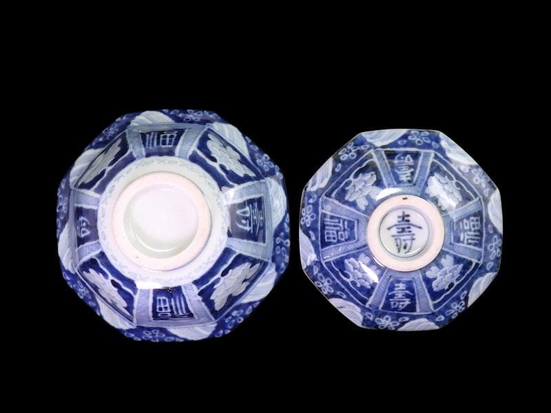 古伊万里　染付　牡丹に福寿の図　八角大振蓋茶碗　N096AS-DBx