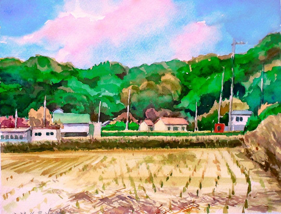 田園風景 水彩画 原画 F6サイズ