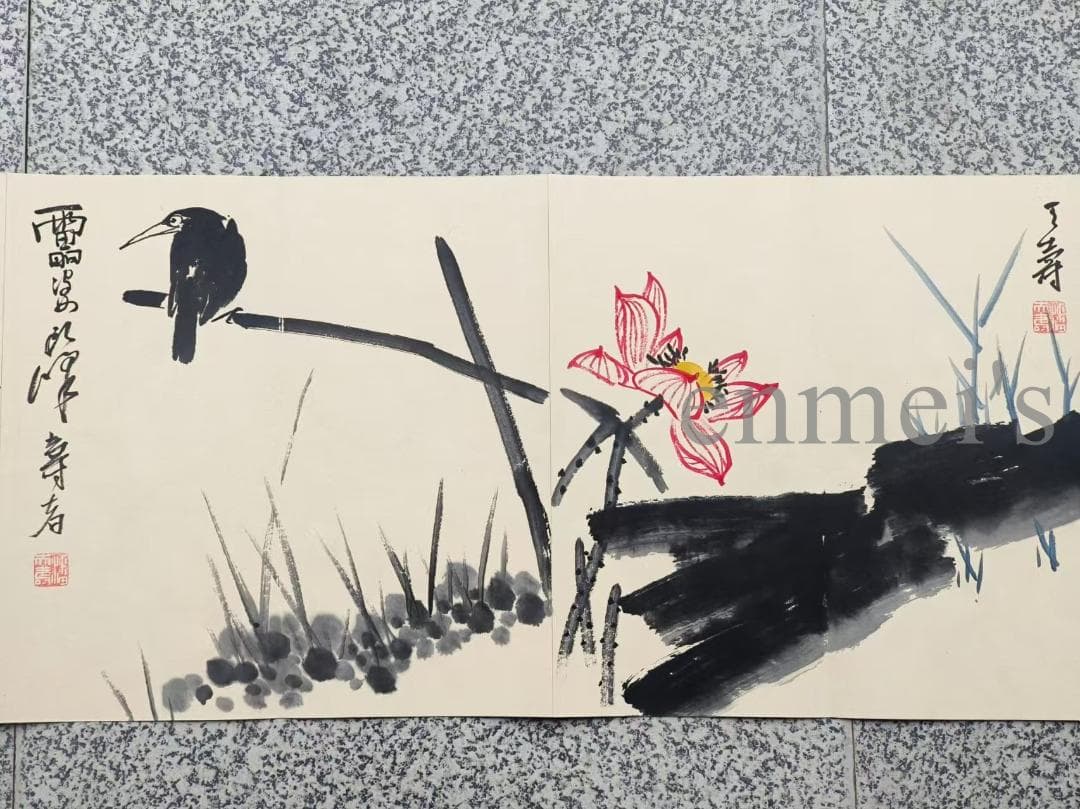 中国古美術 近代 潘天寿作款 花鳥図 水墨画 手描き 冊頁7開14頁 宣紙 書画