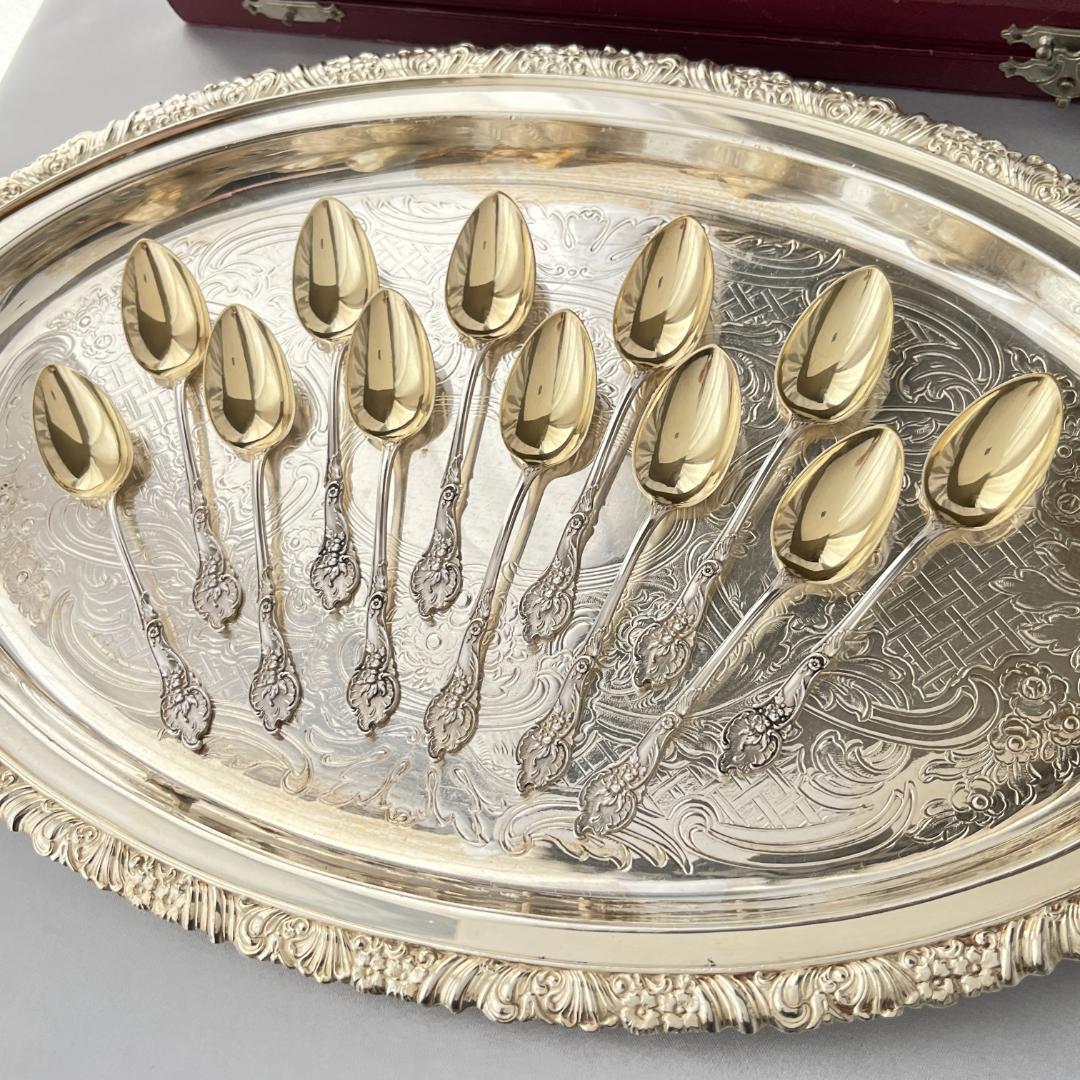 【ドイツ】レリーフのモカスプーン 12本【純銀】 10.5cm ケース