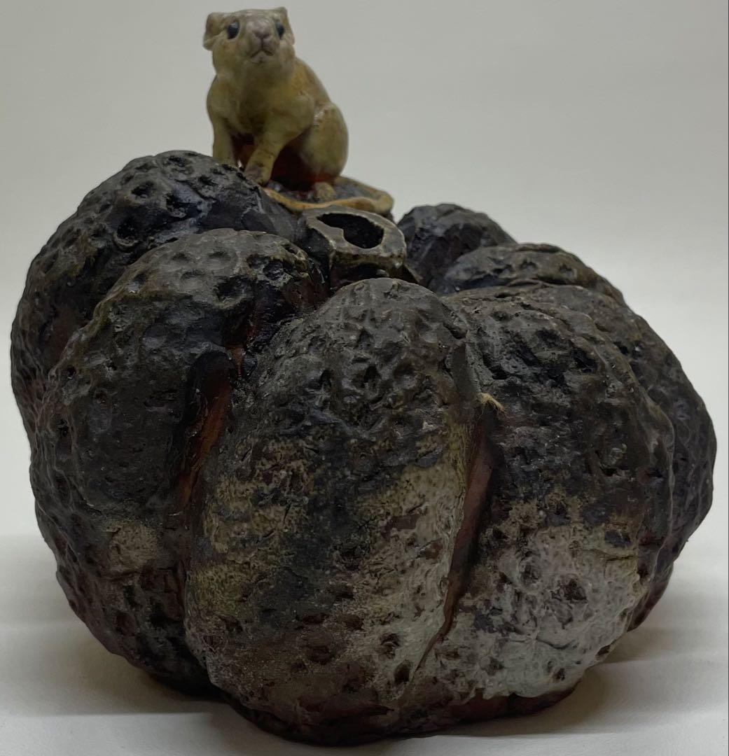 木村玉舟　備前焼　白備前南瓜　鼠　細工物　 共箱　 　　　k2331