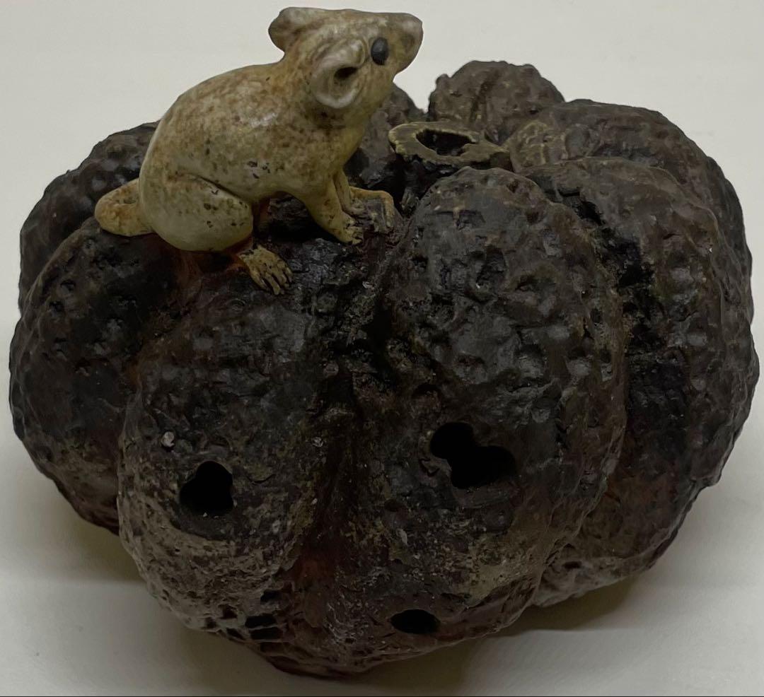 木村玉舟　備前焼　白備前南瓜　鼠　細工物　 共箱　 　　　k2331