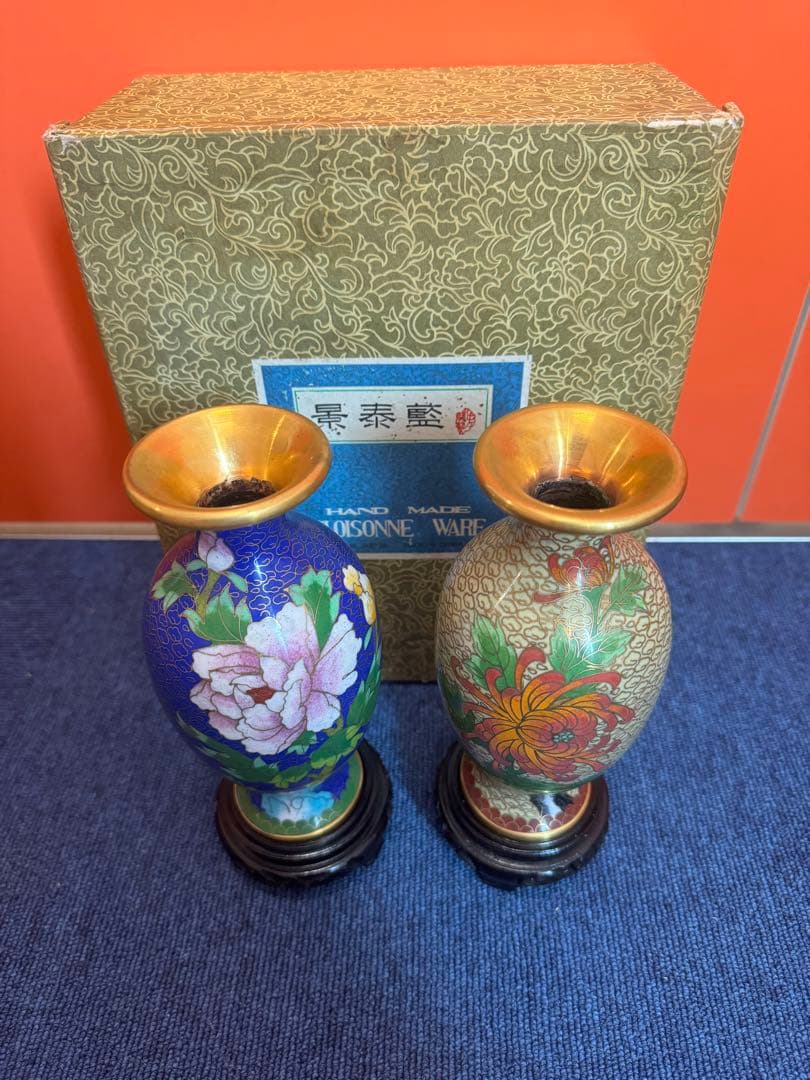 1571  景泰藍　花瓶2客　花台2客付き　骨董　時代物