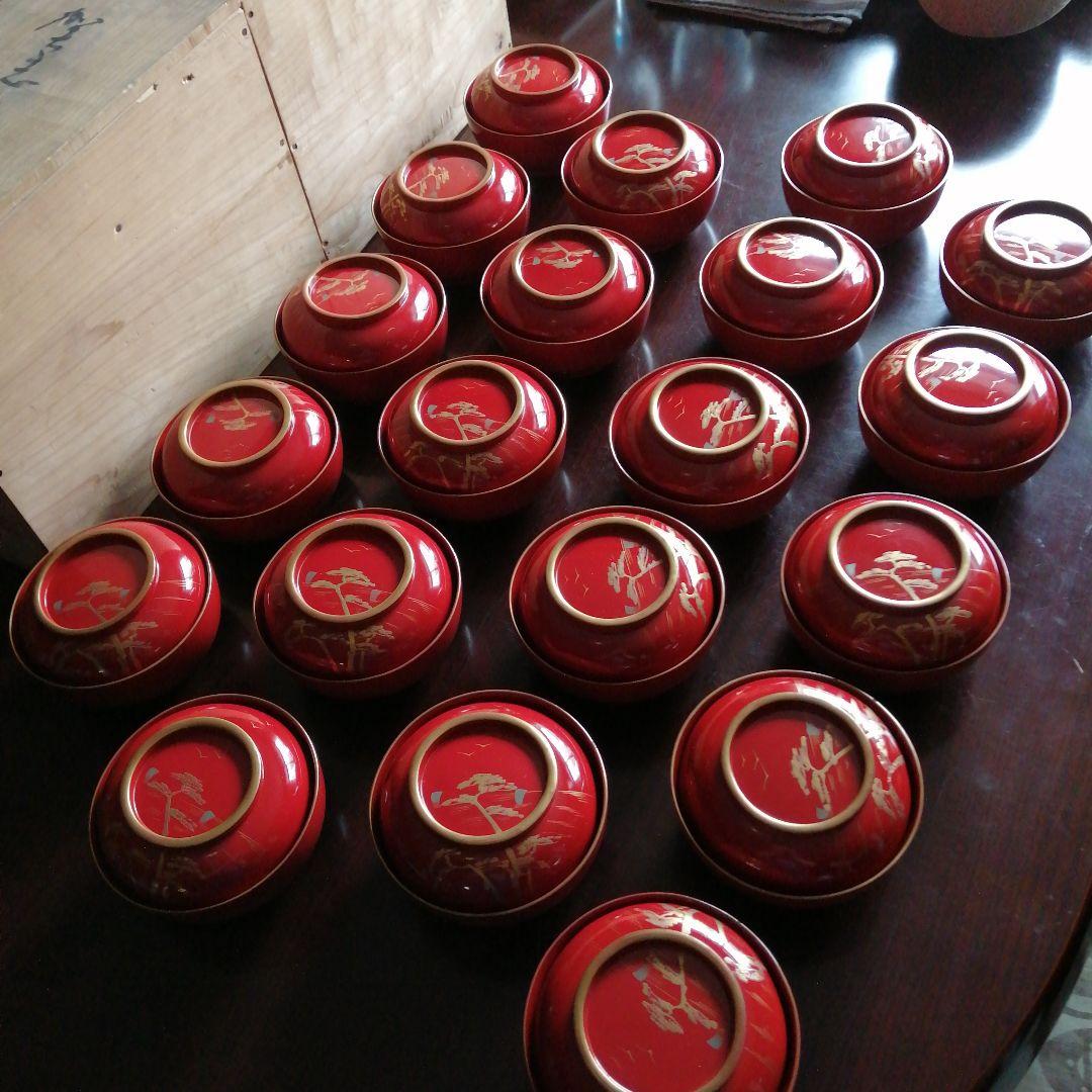 木製漆器　朱塗松林画蓋付椀　20客　12.6cm　大正期　【やや小カケ多め】