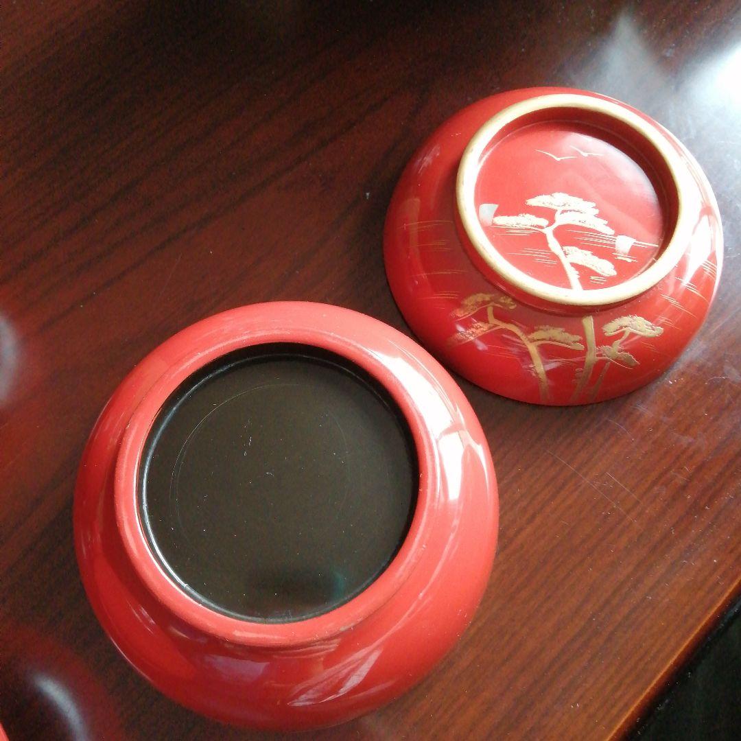 木製漆器　朱塗松林画蓋付椀　20客　12.6cm　大正期　【やや小カケ多め】