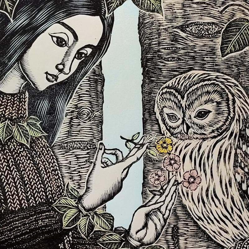 ☆手島圭三郎☆「ふくろうと少女、花」木版画　全紙サイズ　未使用額！