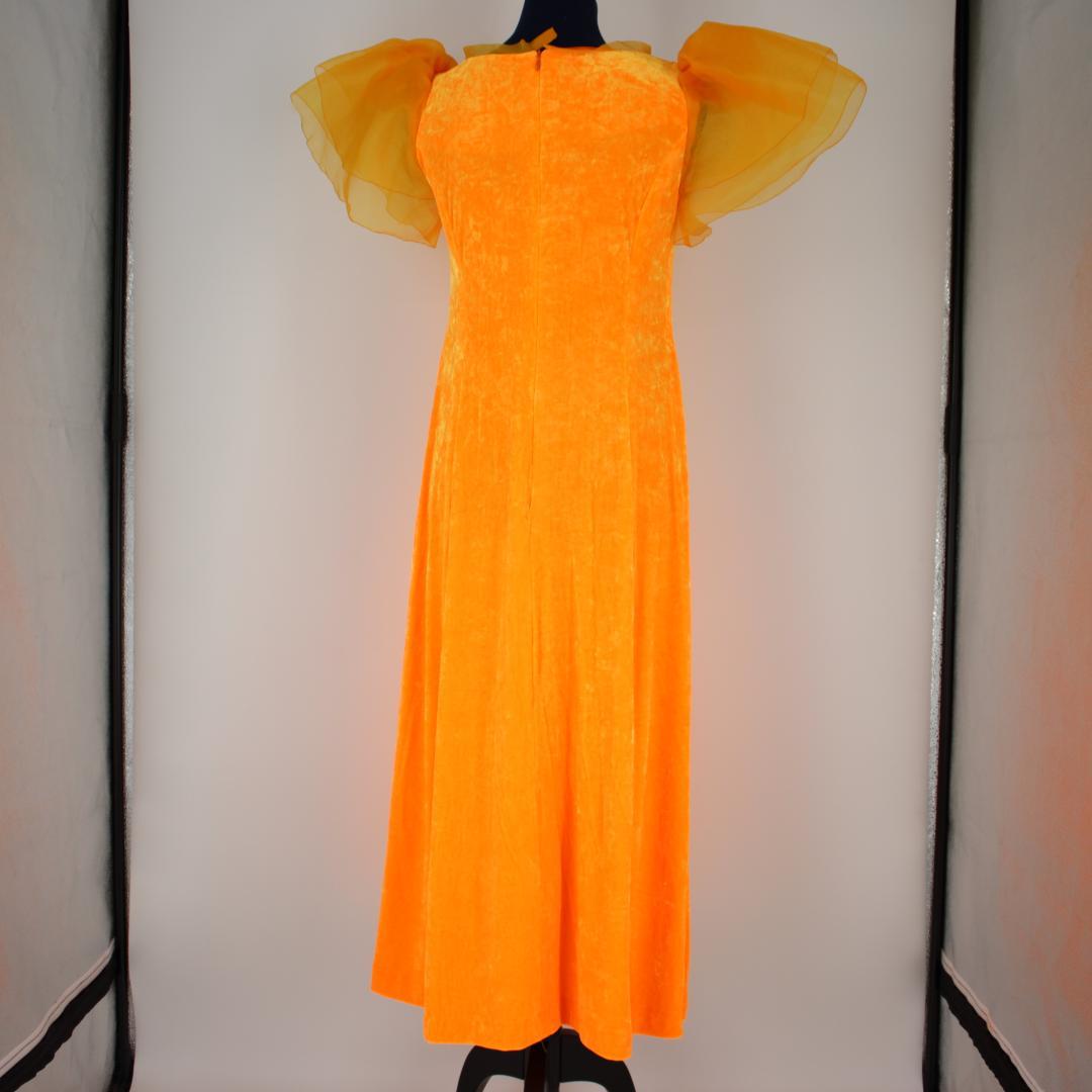 【フラダンス用衣装 ベロアドレス】光沢艶有り オレンジ オーガンジーフリル付き